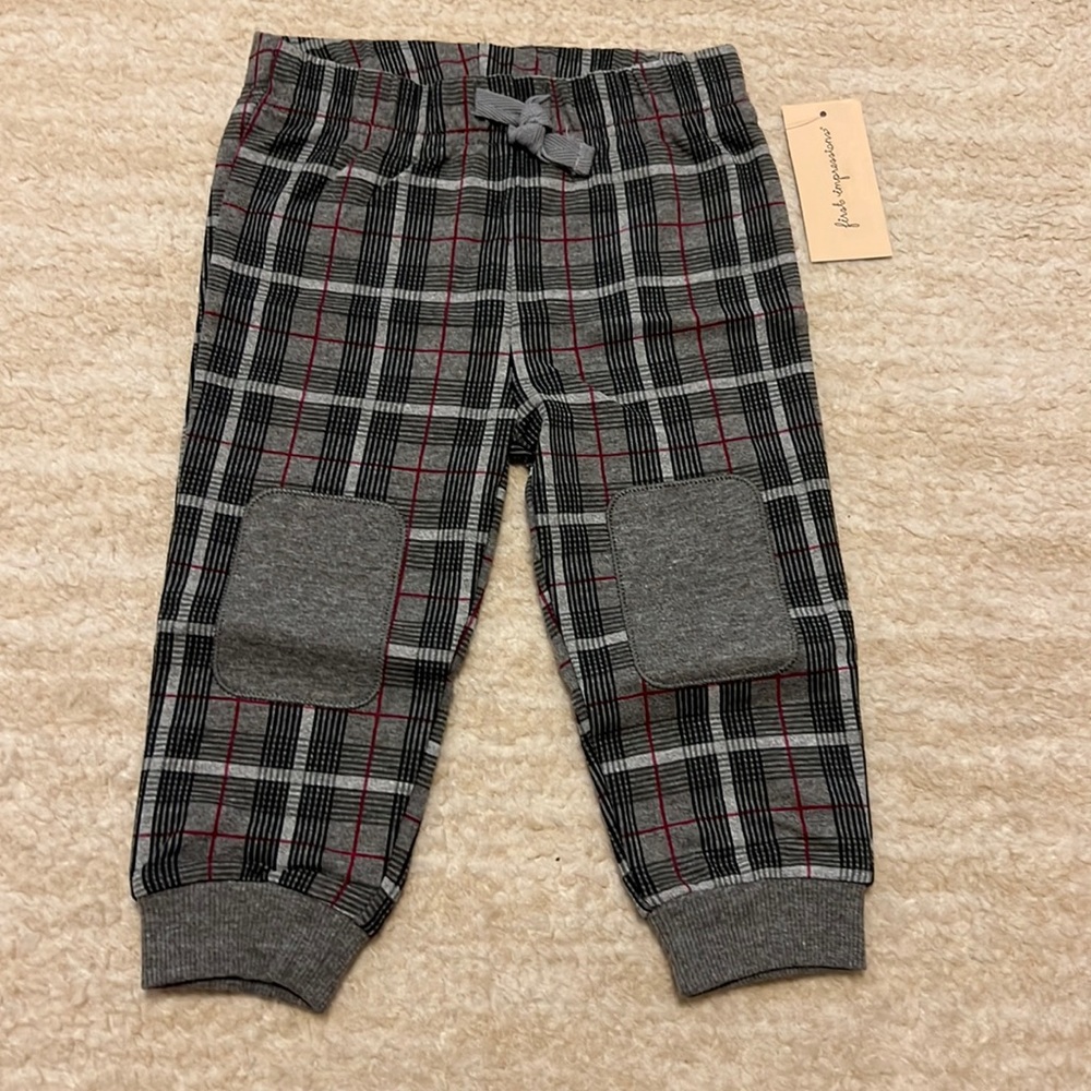 NWT First Impressions Gender Neutral Plaid Comfy Pants with knee patches!